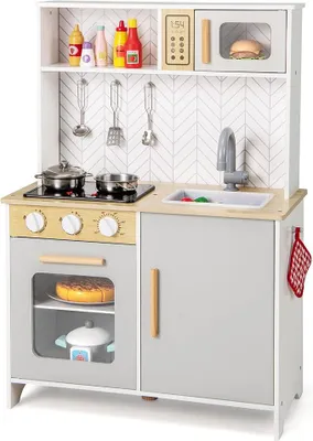 Imagen del producto de Cocina de juguete para niños con accesorios, cocina de madera con microondas, horno, fregadero y placa de cocina, cocina infantil con luces y sonidos, cocina de juguete de madera para niños a partir de 2 años (blanca)