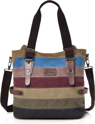 Produktbild von Damen Handtasche, Canvas Tasche Multi-Color Streifen Umhängetasche, Tote Große Kapazität Shopping Casual Crossbody Hobo Bag