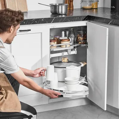 Produktbild von Eckschrank-Organizer nach rechts, ausziehbarer Organizer für Jalousieschrank, 2-stufiges, höhenverstellbares Schwingtablett, sanft schließender Küchen-Organizer, rechts zu öffnen