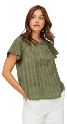 Imagen del producto de Blusa de mujer Promod, manga corta, con detalles de encaje, color verde oliva, talla S