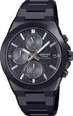 A close-up studio shot of a black Casio Edifice chronograph watch against a white background.