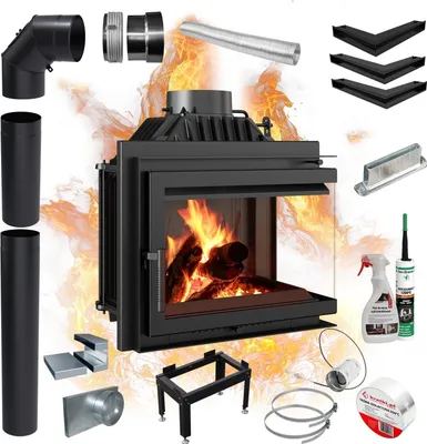 Produktbild von Gusseisen Eckkamin KRATKI SIMPLE 8 kW Ø 200 Rechts Kaminset Zubehör