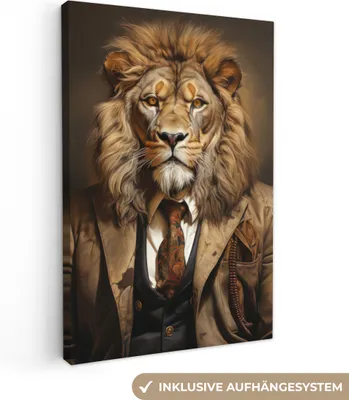 Produktbild von MuchoWow® - Leinwandbilder - Vintage - Löwe - Anzug - Tiere - Dunkel, Wandbild, Wanddeko Bilder Wohnzimmer, 20x30 cm