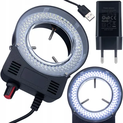 Obrázek produktu pro MicroBright 144 LED USB RingLight – Kruhové osvětlení pro mikroskop | USB + napájecí adaptér | 0–10 W | Regulace jasu 0–100 % | Průměr upevnění 30–65 mm