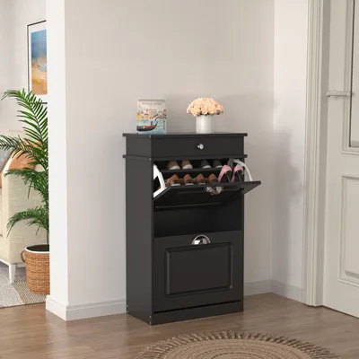Image de Armoire à chaussures avec 2 abattants Étagère à chaussures avec 4 étagères Commode à chaussures Rangement à chaussures Basculeur de chaussures Noir