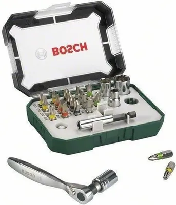 Produktbild von Bosch Schrauberbit Set, 26-teilig, Farbcodierte Bits mit Ratsche, Inklusive Magnethalter und Stecknussadapter