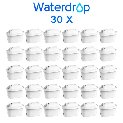 A grid of water filters with the brand name and quantity above.