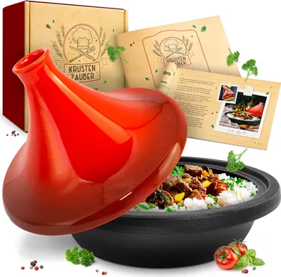 Produktbild von KRUSTENZAUBER Tajine Topf 2-4 Personen - Hochwertige 27cm Gusseisen Tajine Orientalisch - Tajine Induktion und Ofengeeignet, Tajine-Topf