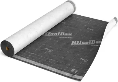 A roll of black underlayment material is partially unrolled on a white surface.