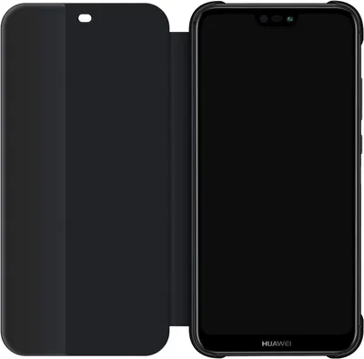A black flip cover case for a smartphone is shown open, revealing the phone's screen.