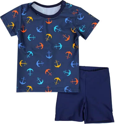Produktbild von Aquarti Baby Jungen Bade-Set Zweiteiliger Kinder Badeanzug T-Shirt Badehose UV-Schutz, Farbe: Anker Orange Blau / Dunkelblau, Größe: 116
