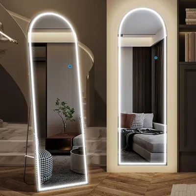 Image de Miroir de pleine longueur avec éclairage, miroir sur pied LED, blanc, 153x50 cm, sans cadre, forme incurvée