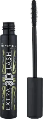 A Rimmel Extra 3D Lash mascara tube and wand are displayed against a white background.