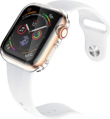 A close-up shot of an Apple Watch with a transparent protective case and a white band, against a white background.