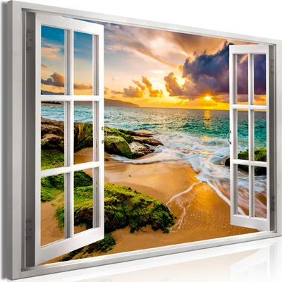 Produktbild von Modernes Wandbild Fensterblick 120x80 - 1 Teile Bilder Fotografie auf Vlies Leinwand Foto Bild Dekoration Wand Bilder Kunstdruck Strand Meer Landschaft Natur c-C-0373-b-a