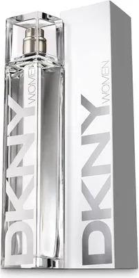 A bottle of DKNY Women perfume and its packaging stand against a white background.