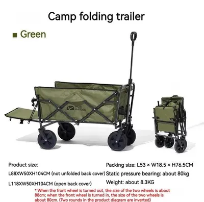 Produktbild von Camping Bollerwagen 100 l - Faltbarer Handwagen Strandwagen - Stahlrahmen - 360° schwenkbare Räder - Tragkraft 80 kg - Grün