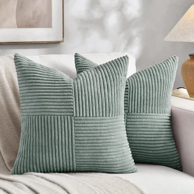 Produktbild von Set mit 2 graublauen Cord-Kissenbezügen, 65 x 65 cm, weich, moderne Dekokissenbezüge, Sofakissen, Boho-Dekoration für Sofa, Schlafzimmer, Wohnzimmer, Bett