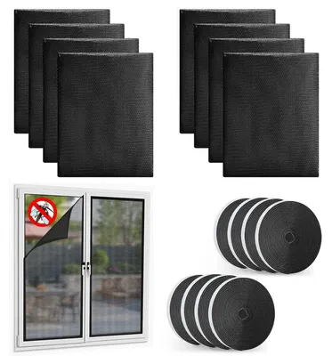 Image de 8 moustiquaires pour fenêtres, dimensions 130x150 cm, protection contre les insectes, sans perçage, en polyester, couleur noire