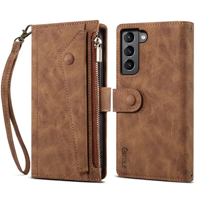 Obrázek produktu pro Ochranné pouzdro pro Samsung Galaxy S23 kožené pouzdro na zip, skládací peněženka s přihrádkou na karty, stojánek a poutko hnědé