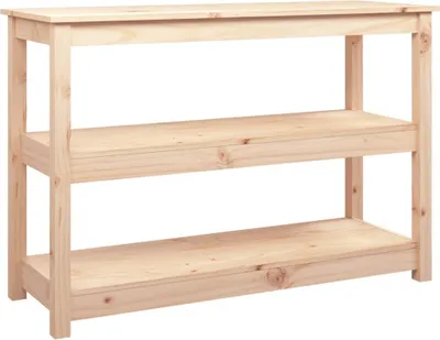 A simple, unfinished pine wood console table with two shelves, shown against a white background.