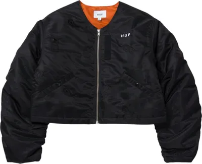 Productafbeelding van HUF dames bomberjack van satijn met paisleyprint en patches, zwart, maat S