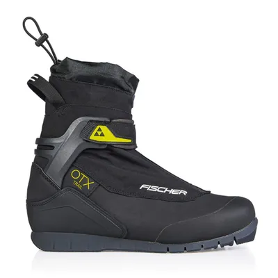 A single black cross-country ski boot with yellow accents, shown from the side against a white background.