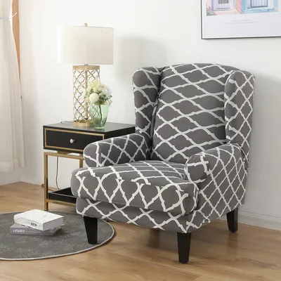 Obrázek produktu pro 2 kusy Jacquard Wing Chair Cover Elastické univerzální stretchové pohovky Wing Chair Covers s odnímatelnými rameny Slipcovers Chránič nábytku (Grey, Wing Chair)