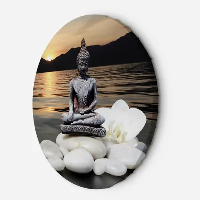 Produktbild von Leinwandbild rund Buddha mit Sonnenuntergang im Hintergrund 60x60 Feeby Orange bild für die wand bereit zum aufhängen