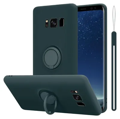 A dark green phone case with a ring holder is shown from multiple angles against a white background.
