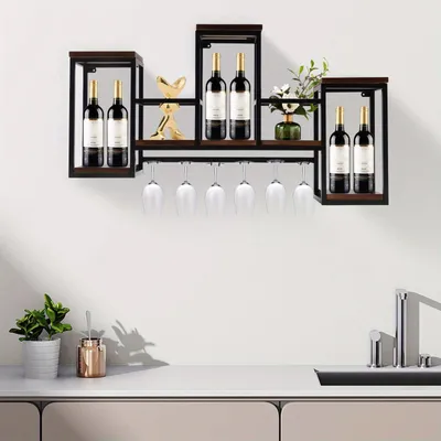 Immagine prodotto di Portabottiglie - Scaffale a parete - Portaflaconi - Contenitore per vino - Porta bicchieri - Struttura in metallo - Finitura in legno