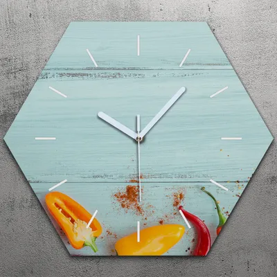 Produktbild von Uhr hexagonal 40 cm Glas Geräuschlos weiße Zeiger - Paprika Früchte auf Holz