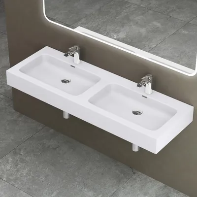 Image de doporro Double Lavabo à Poser Blanc Mat 140cm Vasque pour 2 Lave Mains pour Salle de Bains 140x48x13 Colossum830