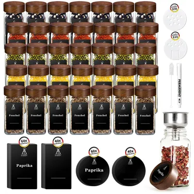 Produktbild von Gewürzgläser aus Glas - Set 35 Stück - 120 ml - Deckel aus Akazienholz - Rechteckig - BPA-frei - Spülmaschinengeeignet (ohne Deckel)