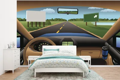 Produktbild von MuchoWow® Fototapete für Wohnzimmer oder Schlafzimmer Wandtapete Vinyl Motivtapete Illustration des Armaturenbretts in einem Auto auf der Straße - 295x220 cm - Wand Tapete
