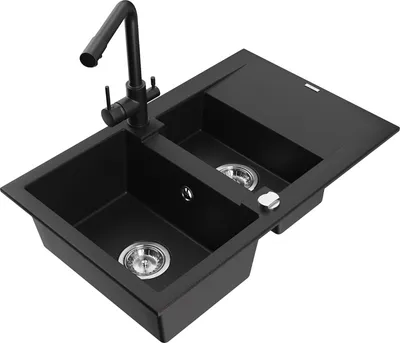 Produktbild von Mexen Gaspar 1,5-Becken-Granitspüle mit Abtropffläche und Mischbatterie Duero, Schwarz - 6507-77-671600-70