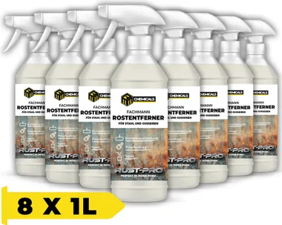 Produktbild von MRM CHEMICALS Rostentferner für Metall, Stahl und Gusseisen Spray 1L Rostlöser für Auto Karosserie Fahhrad Kette Haus Garten, Korrosionsschutzspray x8