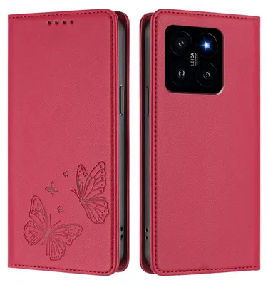 Produktbild von Lederhülle für Xiaomi 14, Schmetterling Prägung Leder Brieftasche Schutzhülle mit Ständer Rot