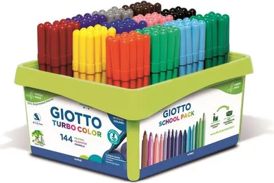 A large plastic container filled with 144 Giotto Turbo Color felt-tip pens in various colors.