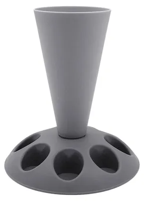A gray piping bag holder with multiple slots for nozzles.