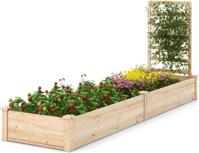 Produktbild von GOPLUS Blumenkasten mit Rankgitter, Hochbeet mit Spalier, Pflanzkasten mit offenem Boden, Gartenspalier aus Tannenholz, Kräuterbeet Gartenbeet für Hof