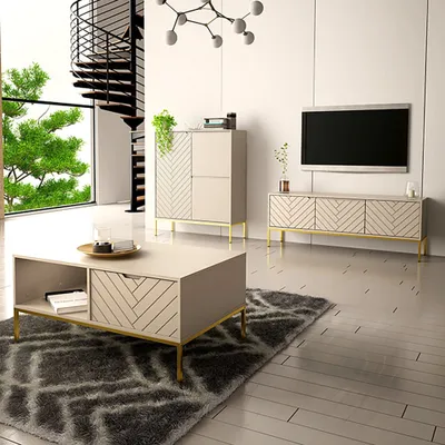 Produktbild von Wohnzimmer Set 3-teilig modern in kaschmir mit gefrästen Fronten ANGERA-140