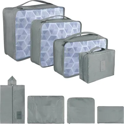 Produktbild von Unyqoos® 8‑teiliges Packing‑Cubes Koffer‑Organizer‑Set, Nylon, inkl. 3 Packwürfel (L40x30x12 / M30x28x12 / S30x20x12), 3 Wäschesäcke, Schuhbeutel, Kosmetiktasche, Grau