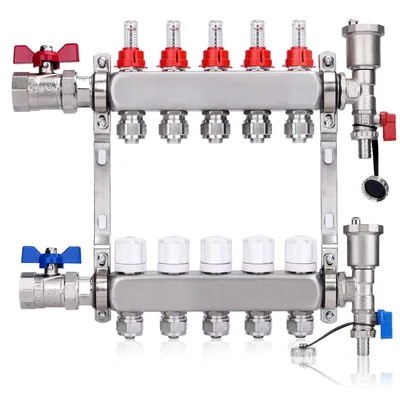 Produktbild von 5 Heizkreise | Heizkreisverteiler mit Eurokonus 3/4 (20 x 2 mm) | 1" Kugelhähne Manueller Entlüfter Flussmesser Durchflussmesser Fußbodenheizung HKV