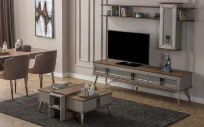 Obrázek produktu pro Designer Wohnzimmer Garnitur TV-Ständer Holz Regale Couchtisch RTV