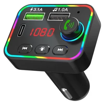 Produktbild von Bluetooth-FM-Transmitter fürs Auto, QC3.0-Schnellladegerät, 2 USB-Anschlüsse, 7-farbige LED-Hintergrundbeleuchtung