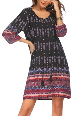 Productafbeelding van Bohemian Tuniek Jurk met 3/4 Mouwen en Bloemenprint