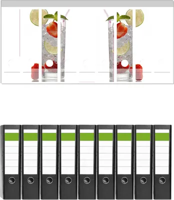 Produktbild von Wallario 9 Stück breite Ordner inkl. Klebeetiketten mit Motive Glas Wasser mit Erdbeeren -  Set mit Rückenschildern / Ordnerrücken Stickern