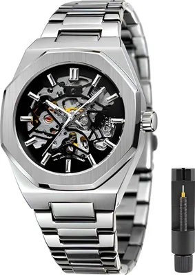 Produktbild von S&T Design, Armbanduhr Herren, Edelstahl, Silber, Automatik, Wasserdicht, Skelett, Zifferblatt 4 cm, Armumfang bis 23 cm