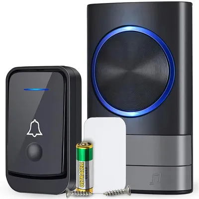 Produktbild von Funkklingel Set Kabellos für Haustür, IP65, 200m Reichweite, Plug-In Empfänger, Sender mit Batterie, 49 Melodien, LED, für Haus, Retoo